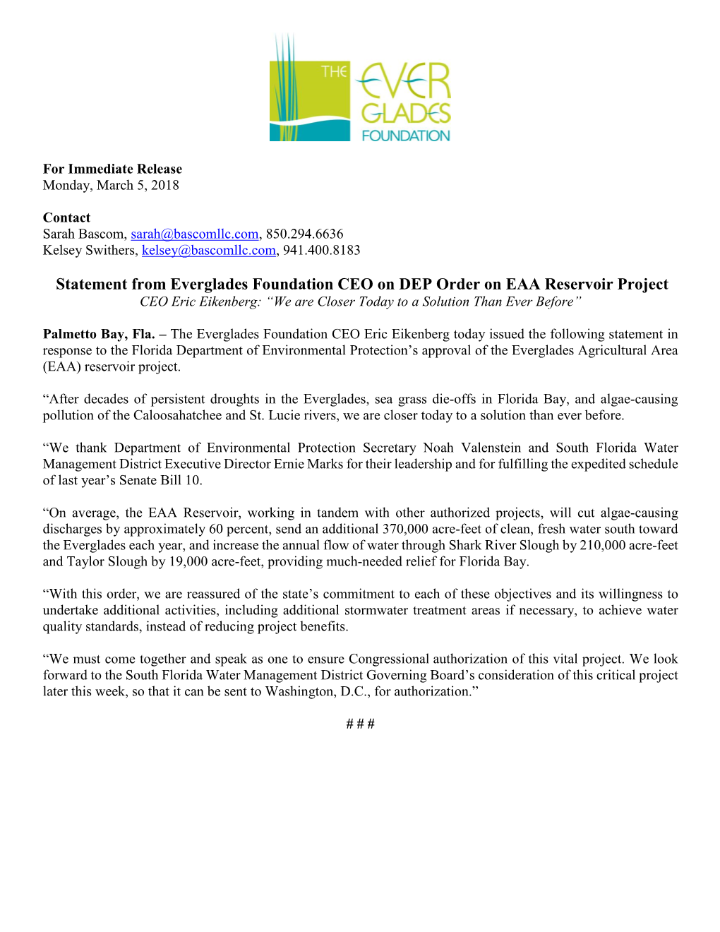 Statement from Everglades Foundation CEO on DEP Order on EAA Reservoir Project CEO Eric Eikenberg: “We Are Closer Today to a Solution Than Ever Before”