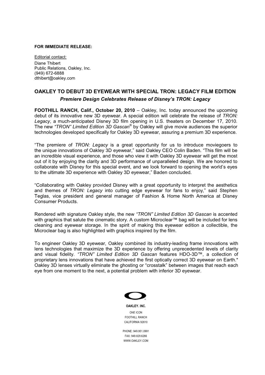 2010 10 21 Oakley 3D Tron News Release