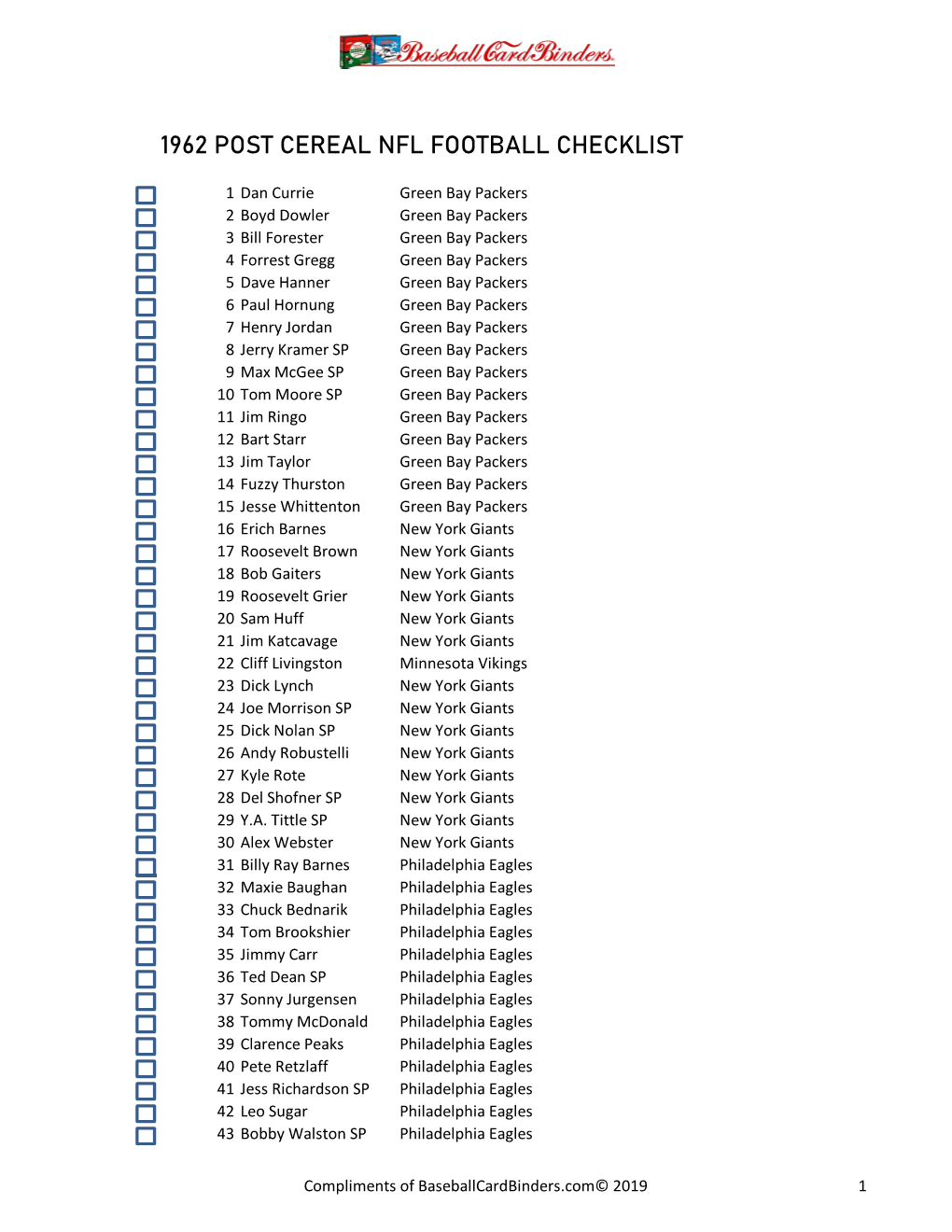 1962 Post Cereal Nfl Football Checklist