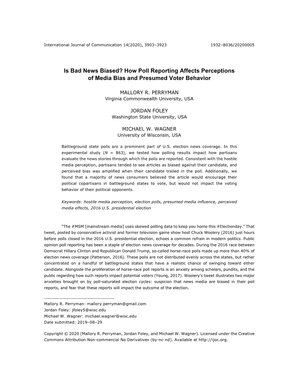 Is Bad News Biased? How Poll Reporting Affects Perceptions of Media Bias and Presumed Voter Behavior