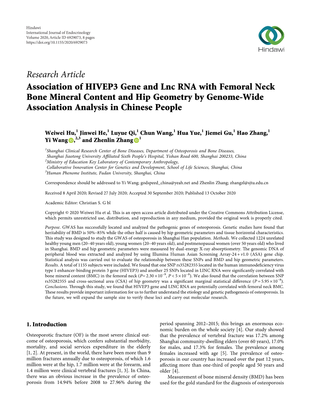 Association of HIVEP3 Gene and Lnc RNA with Femoral Neck Bone Mineral Content and Hip Geometry by Genome-Wide Association Analysis in Chinese People