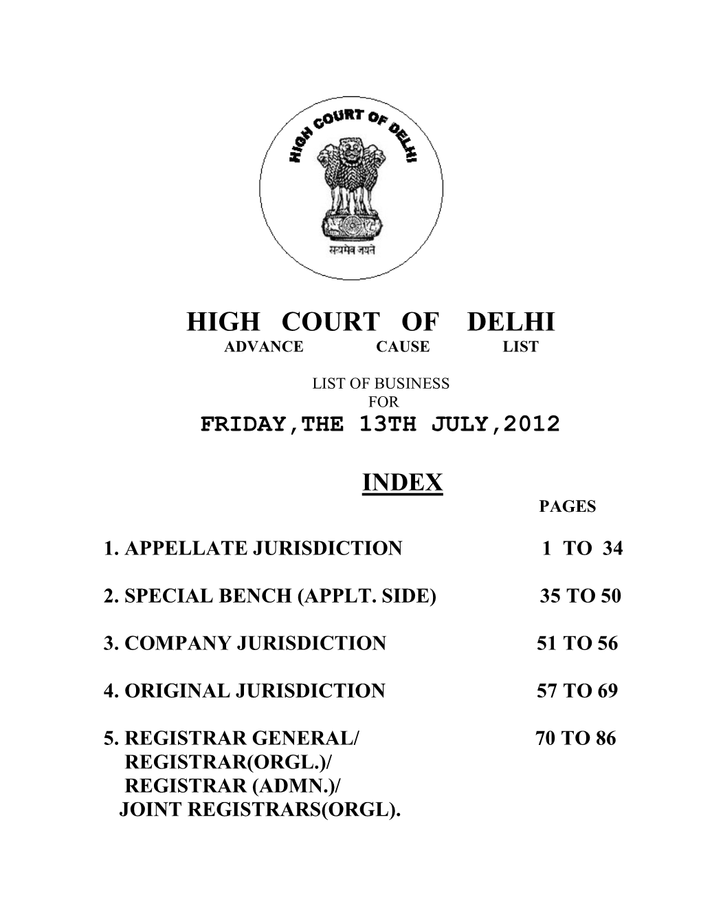 High Court of Delhi Advance Cause List