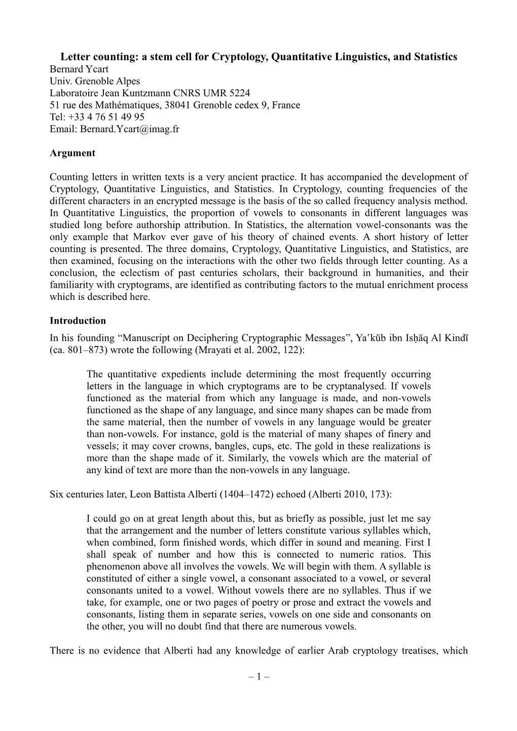 A Stem Cell for Cryptology, Quantitative Linguistics, and Statistics Bernard Ycart Univ