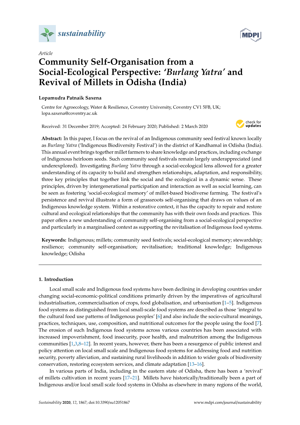 Community Self-Organisation from a Social-Ecological Perspective: ‘Burlang Yatra’ and Revival of Millets in Odisha (India)