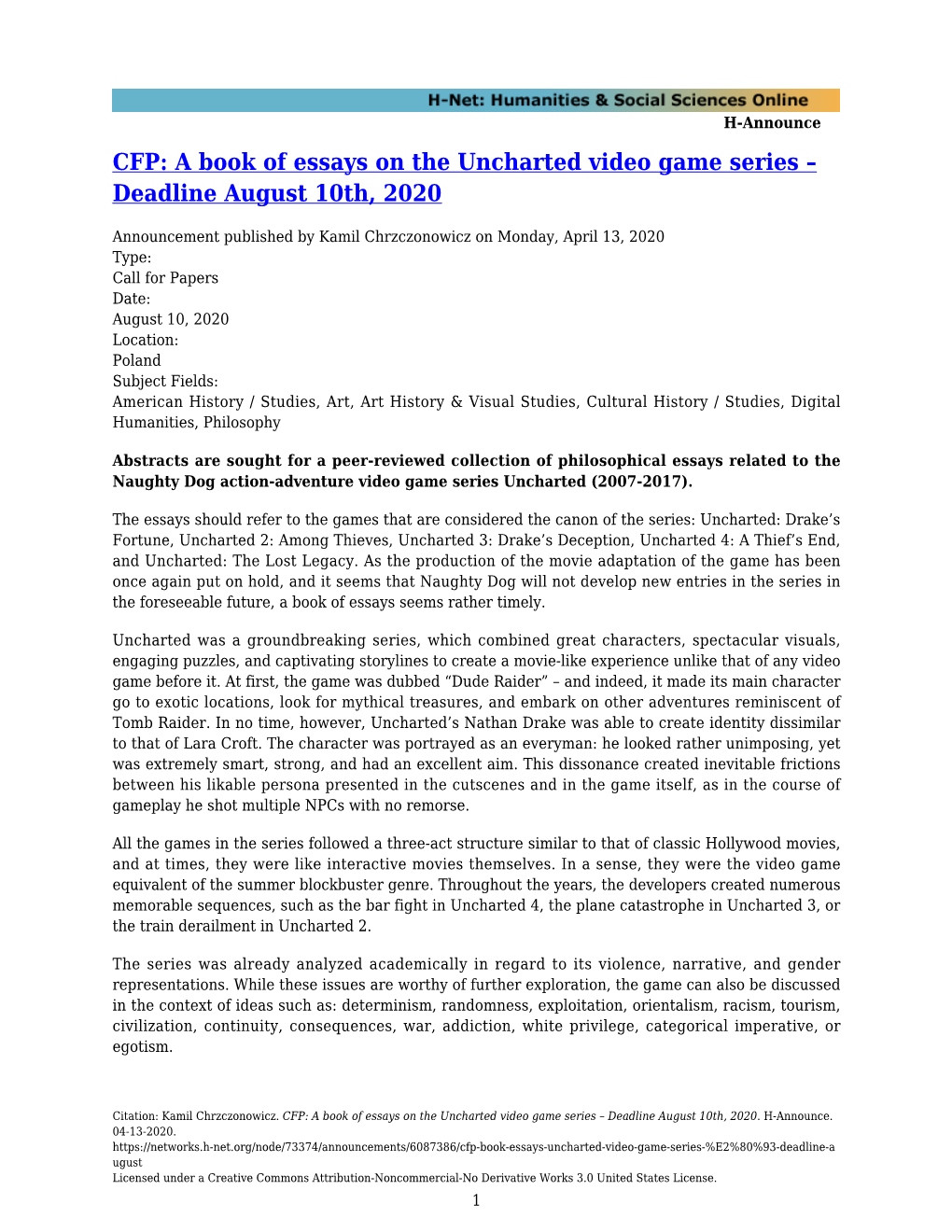 CFP: a Book of Essays on the Uncharted Video Game Series – Deadline August 10Th, 2020