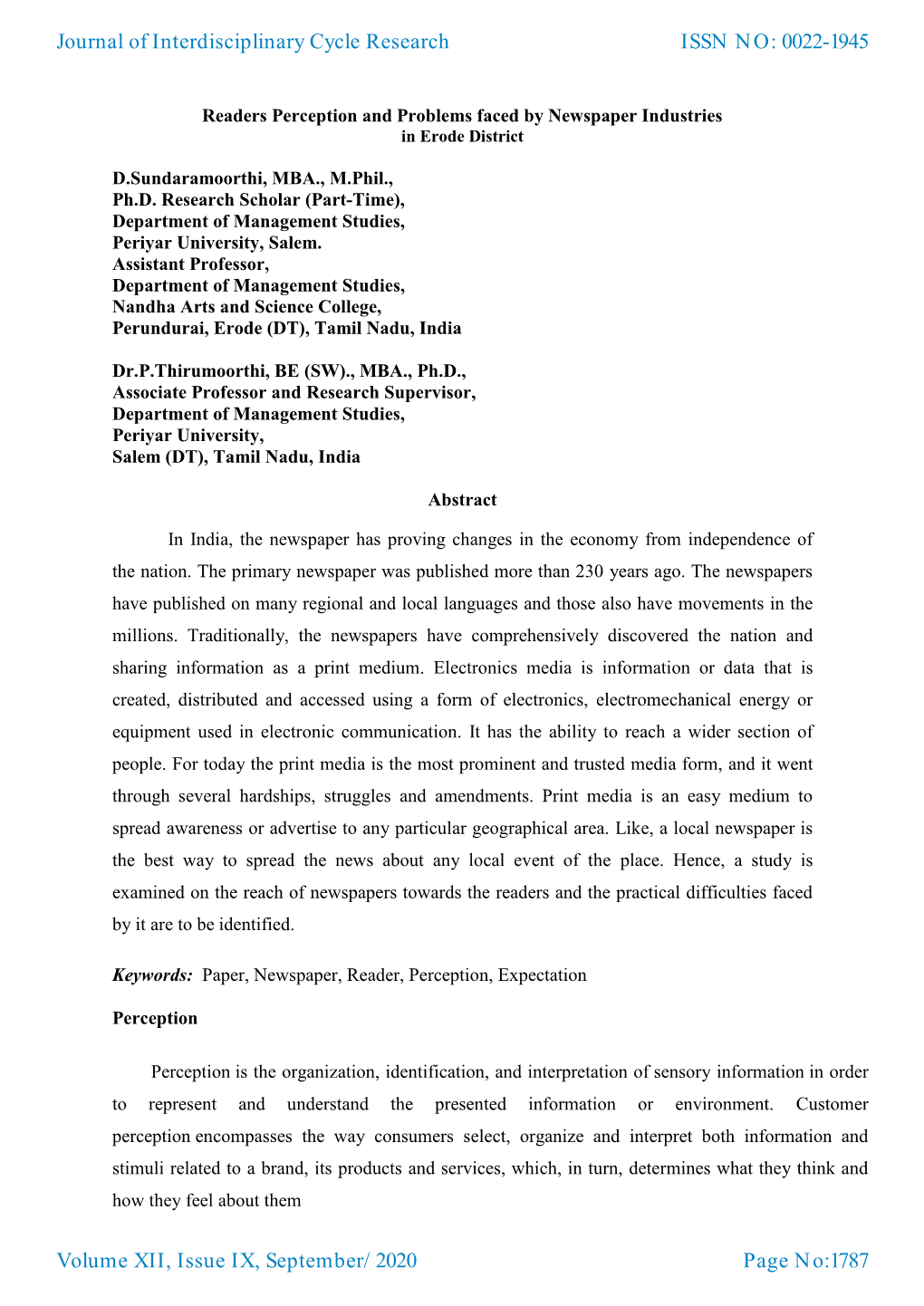 Journal of Interdisciplinary Cycle Research Volume XII, Issue IX