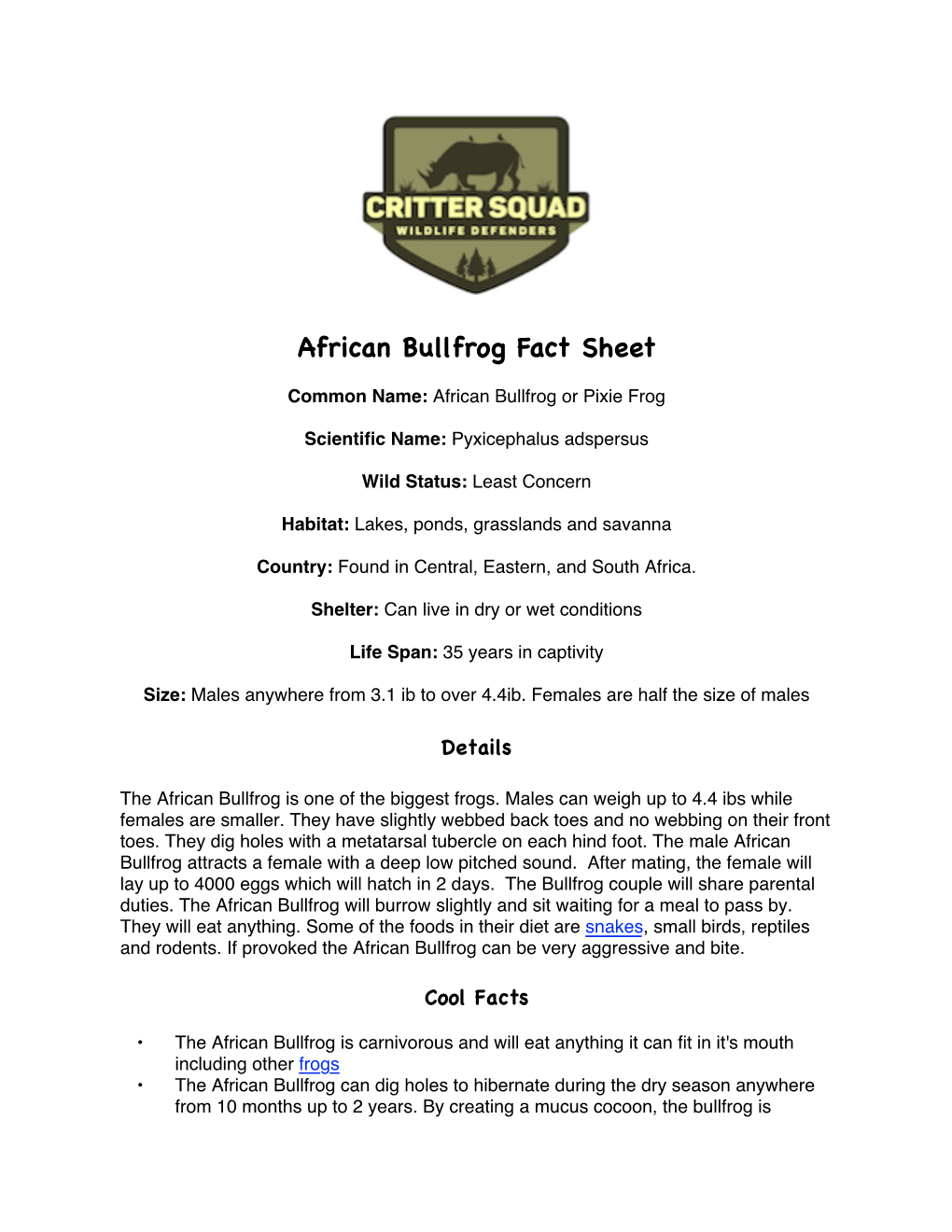 African Bullfrog Fact Sheet