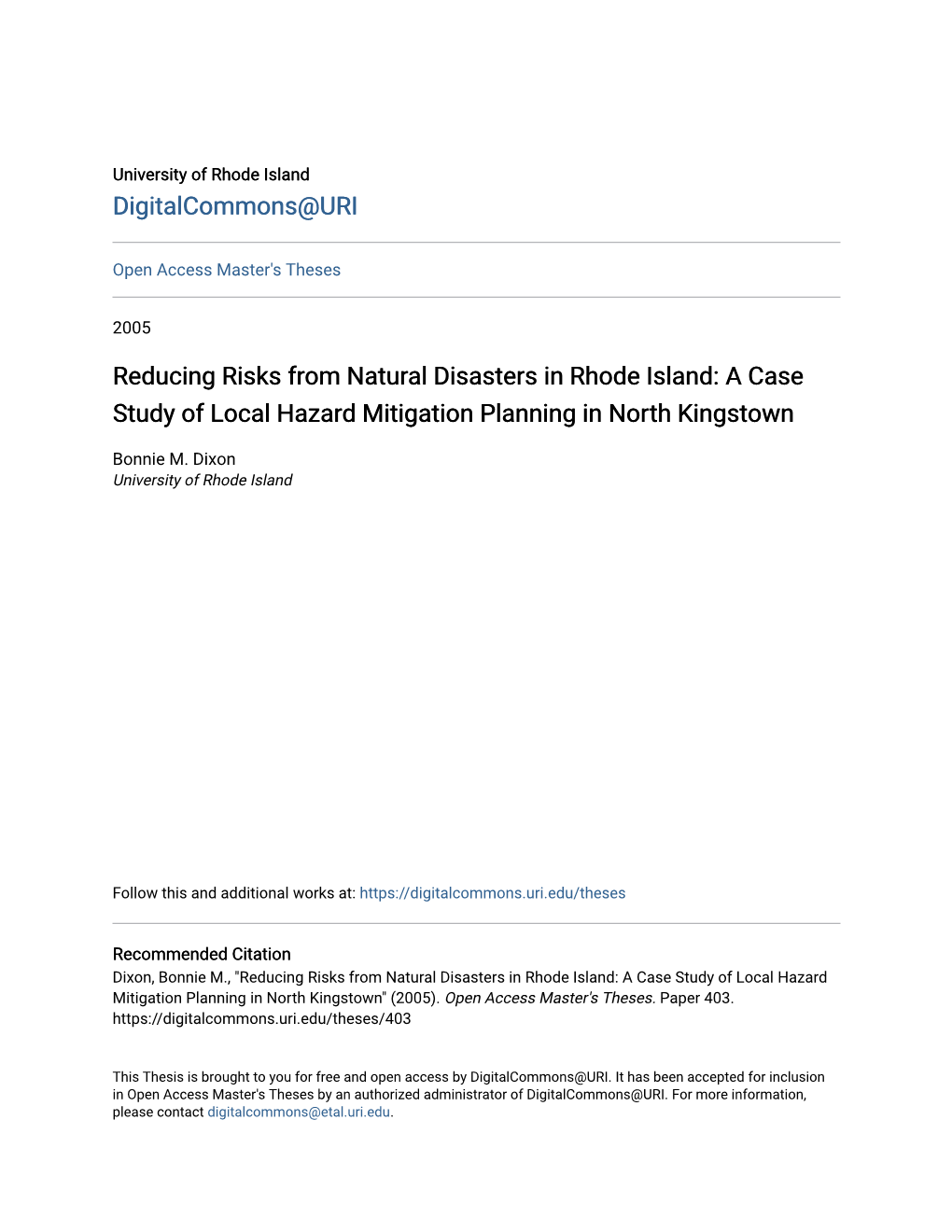 Reducing Risks from Natural Disasters in Rhode Island: a Case Study of Local Hazard Mitigation Planning in North Kingstown