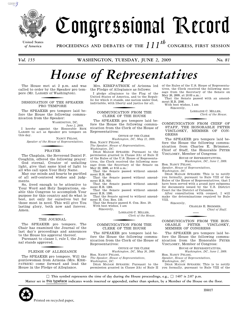 Congressional Record United States Th of America PROCEEDINGS and DEBATES of the 111 CONGRESS, FIRST SESSION