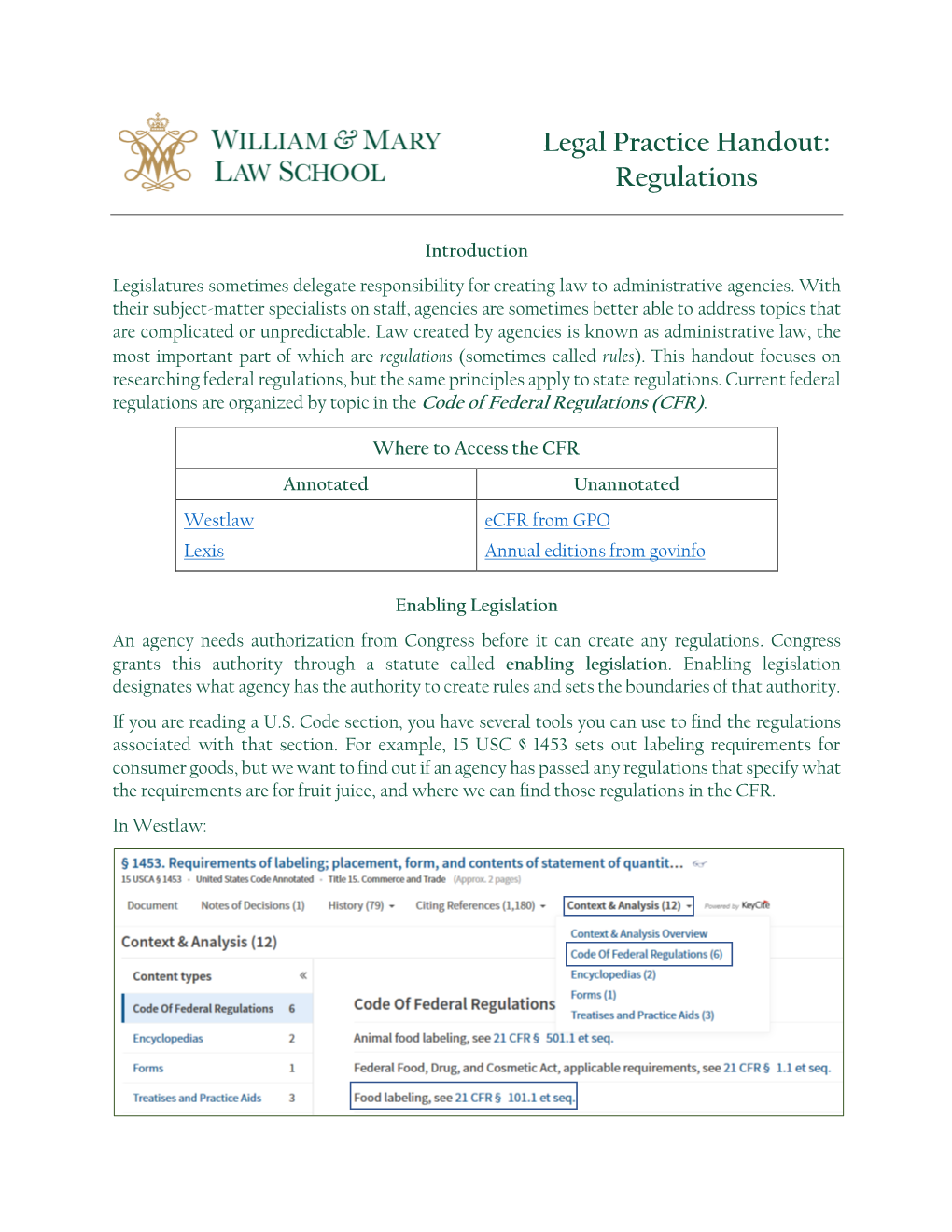 Legal Practice Handout: Regulations