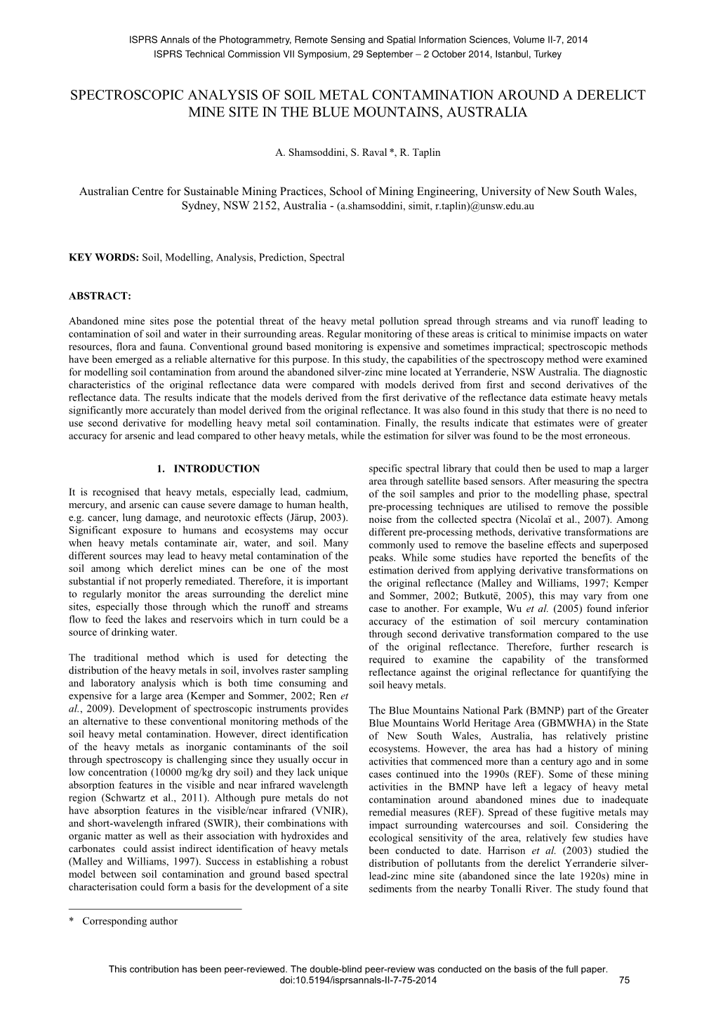 Spectroscopic Analysis of Soil Metal Contamination Around a Derelict Mine Site in the Blue Mountains, Australia