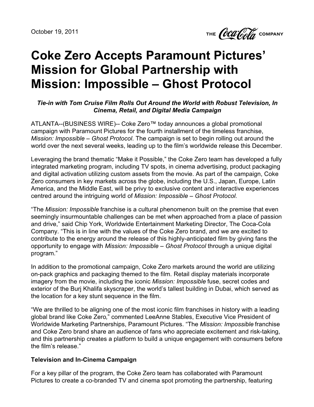 Coke Zero Accepts Paramount Pictures' Mission for Global