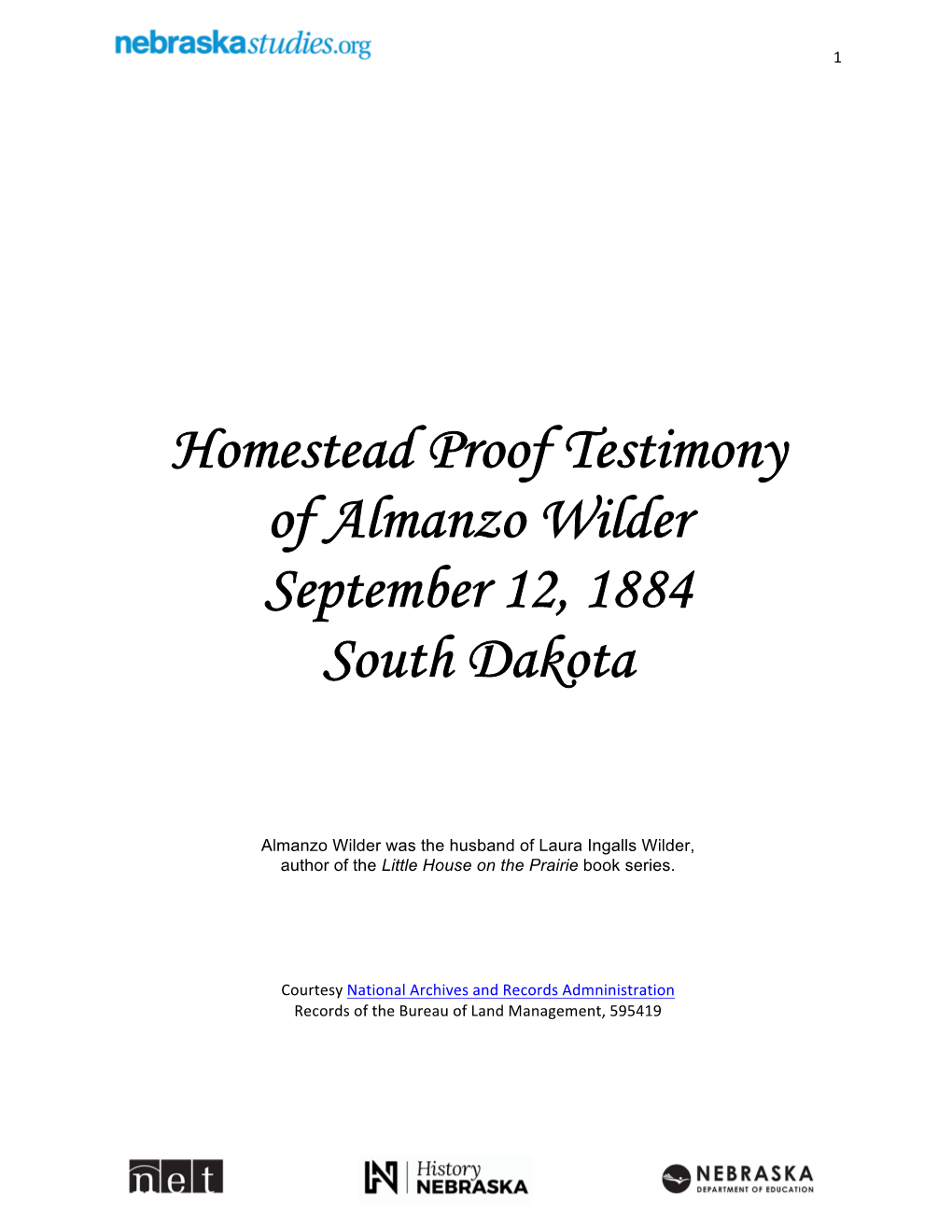 Homestead Proof Testimony of Almanzo Wilder September 12, 1884 South Dakota