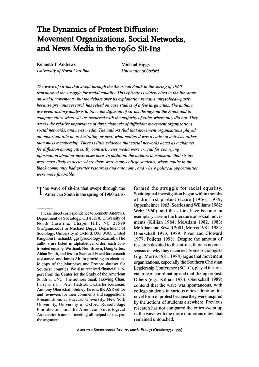 The Dynamics of Protest Diffusion: Movement Organizations, Social Networks, and News Media in the I960 Sit-Ins