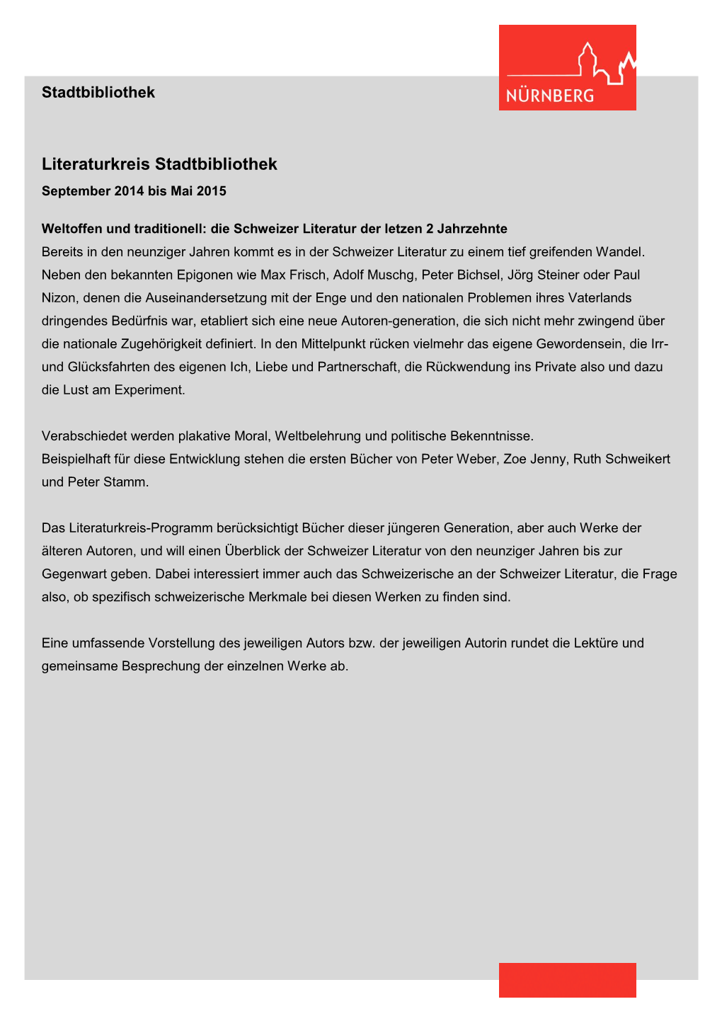 Literaturkreis Stadtbibliothek September 2014 Bis Mai 2015