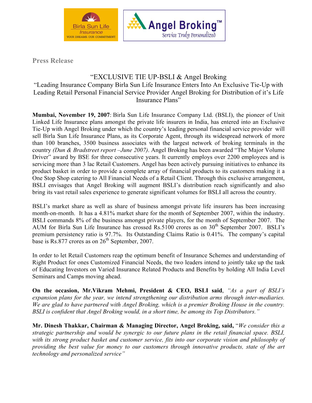 Press Release “EXCLUSIVE TIE UP-BSLI & Angel Broking