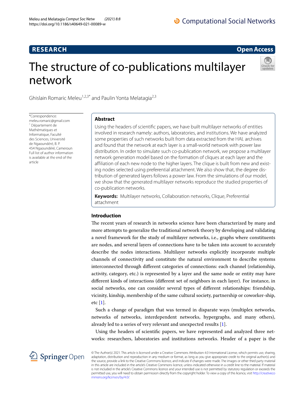 The Structure of Co-Publications Multilayer Network