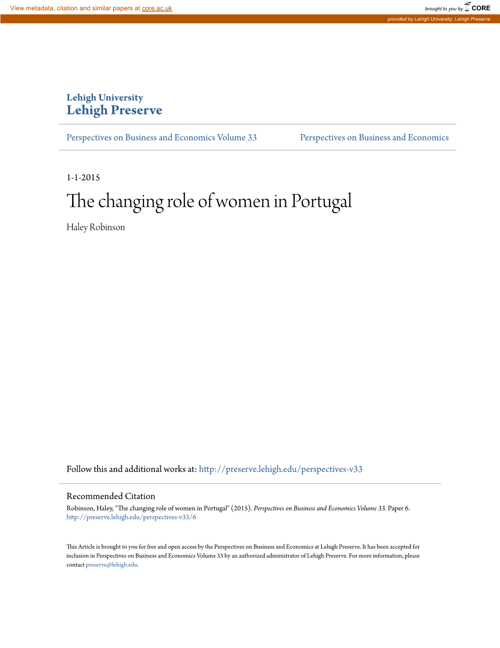 The Changing Role of Women in Portugal Haley Robinson