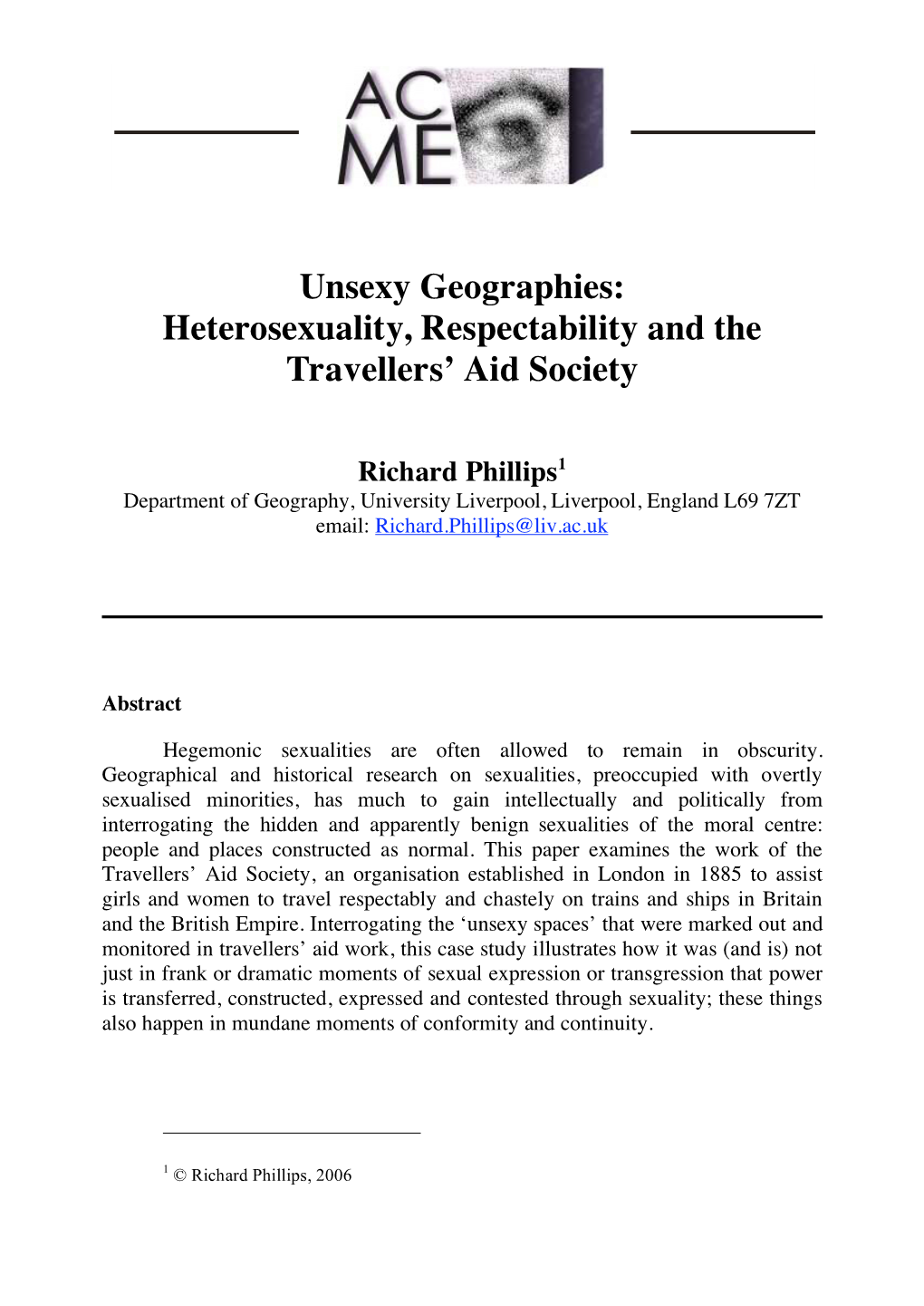 Unsexy Geographies: Heterosexuality, Respectability and the Travellers’ Aid Society