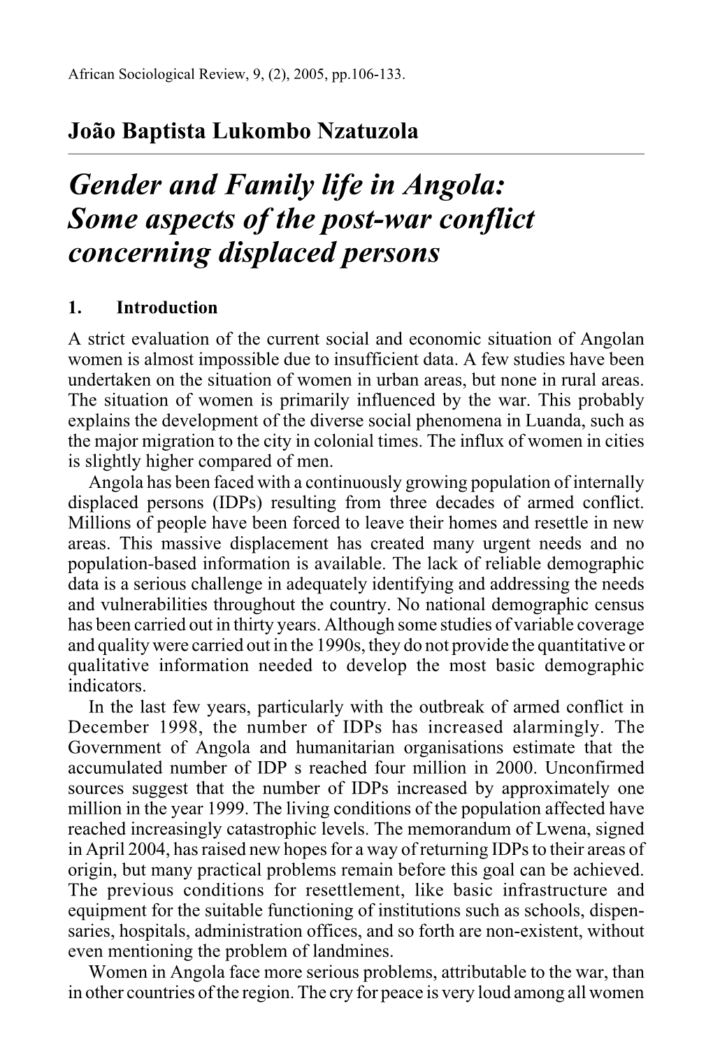 Gender and Family Life in Angola: Some Aspects of the Post-War Conflict Concerning Displaced Persons