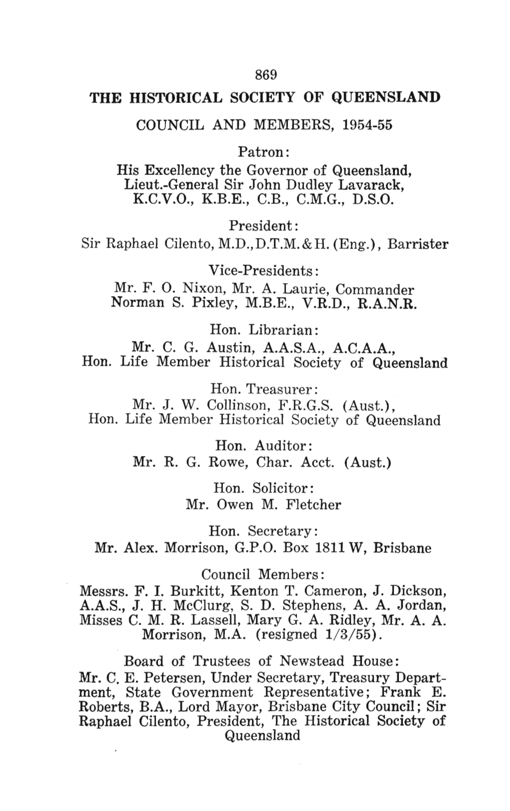 869 the Historical Society of Queensland