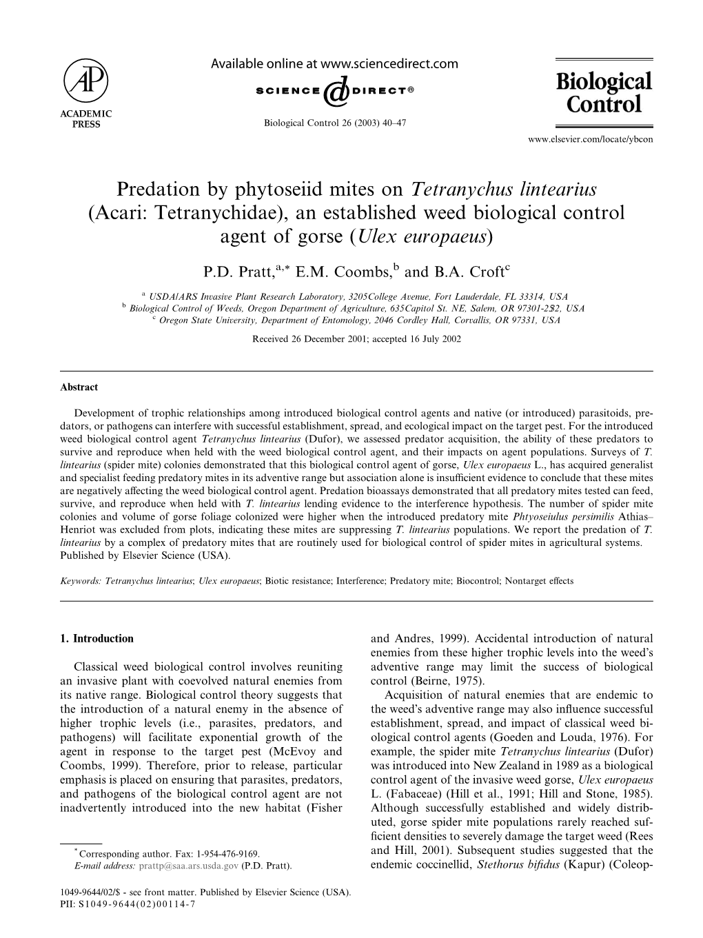 Predation by Phytoseiid Mites on Tetranychus Lintearius (Acari: Tetranychidae), an Established Weed Biological Control Agent of Gorse (Ulex Europaeus)