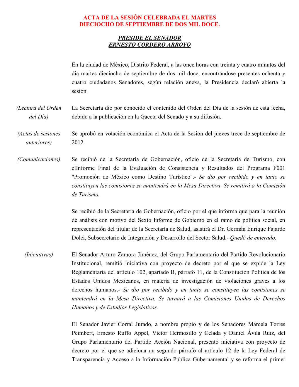 Acta De La Sesión Celebrada El Martes Dieciocho De Septiembre De Dos Mil Doce