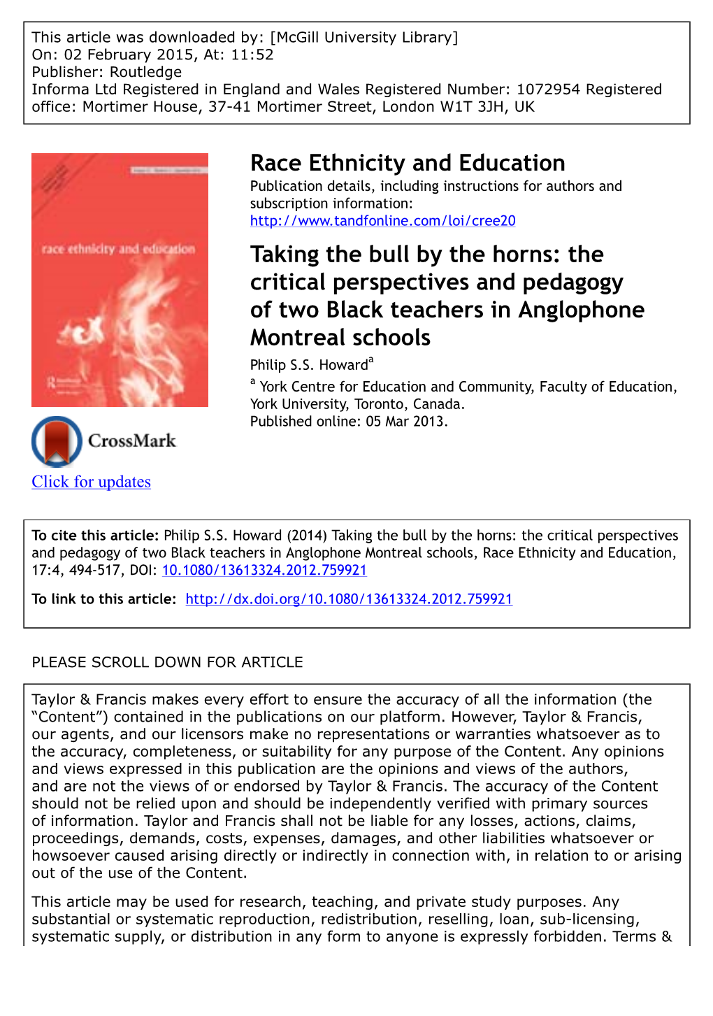 The Critical Perspectives and Pedagogy of Two Black Teachers in Anglophone Montreal Schools Philip S.S