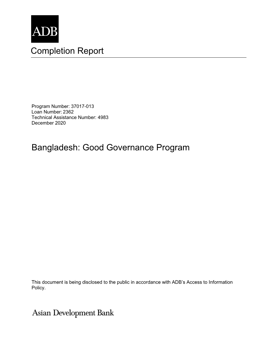 Completion Report Bangladesh: Good Governance Program