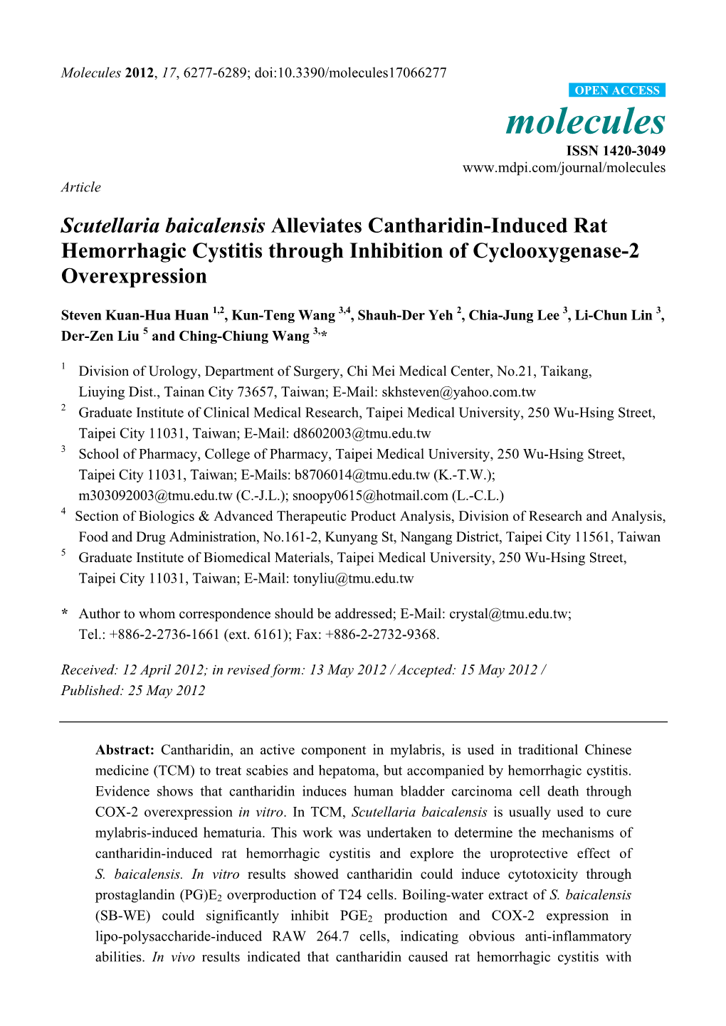 Scutellaria Baicalensis Alleviates Cantharidin-Induced Rat Hemorrhagic Cystitis Through Inhibition of Cyclooxygenase-2 Overexpression