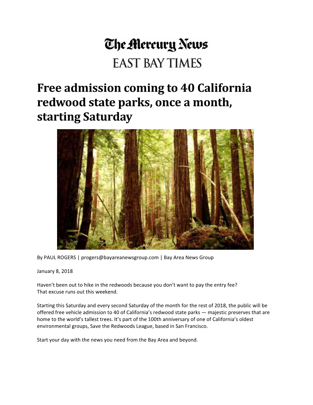 Free Admission Coming to 40 California Redwood State Parks, Once a Month, Starting Saturday