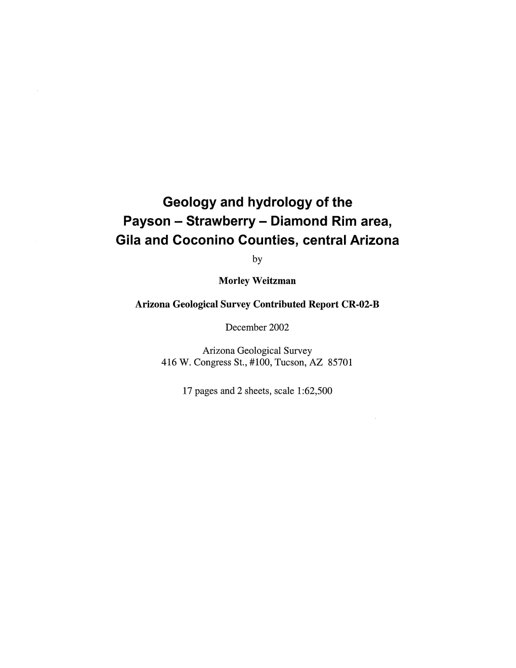 Geology and Hydrology of the Payson - Strawberry - Diamond Rim Area, Gila and Coconino Counties, Central Arizona By