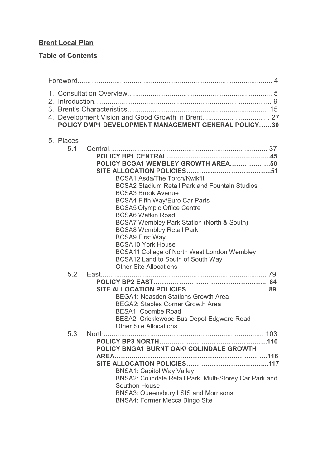 Brent Local Plan Table of Contents