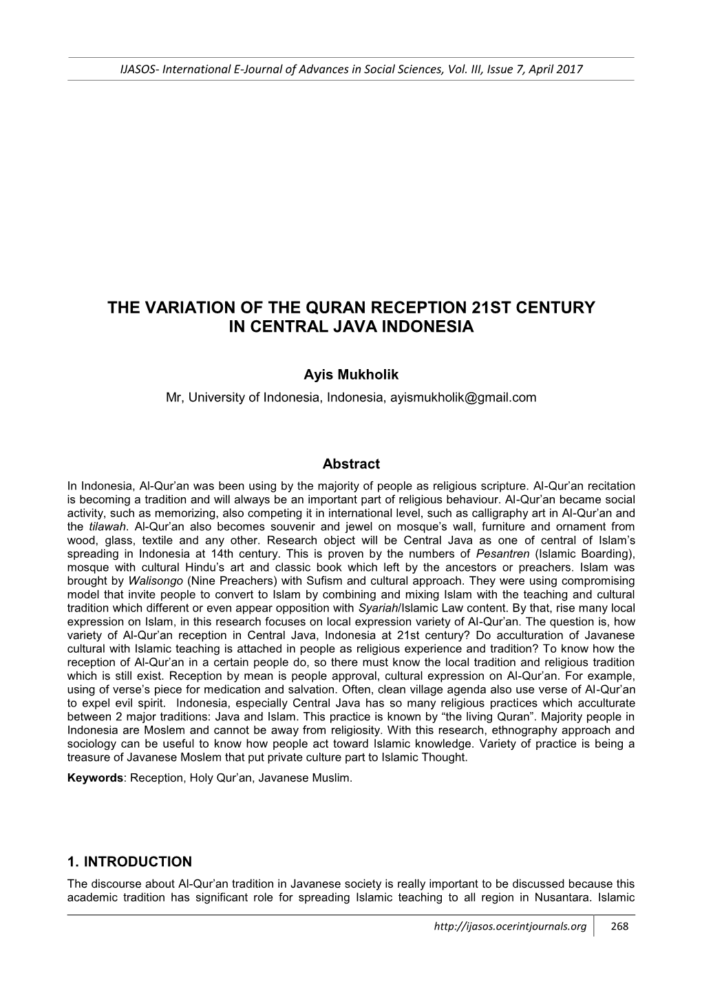 The Variation of the Quran Reception 21St Century in Central Java Indonesia