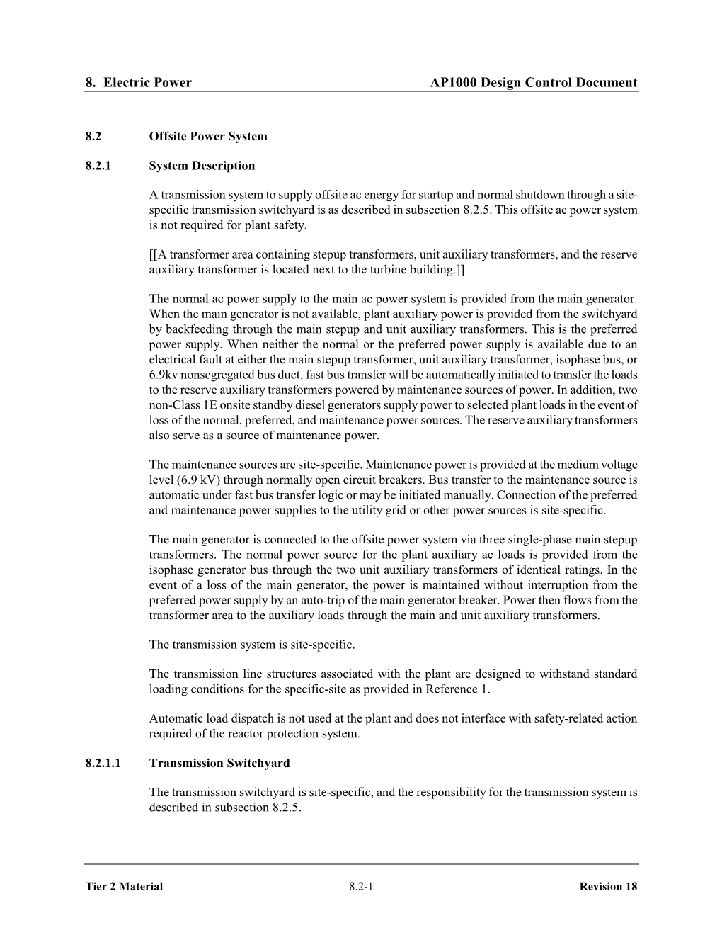 Electric Power AP1000 Design Control Document