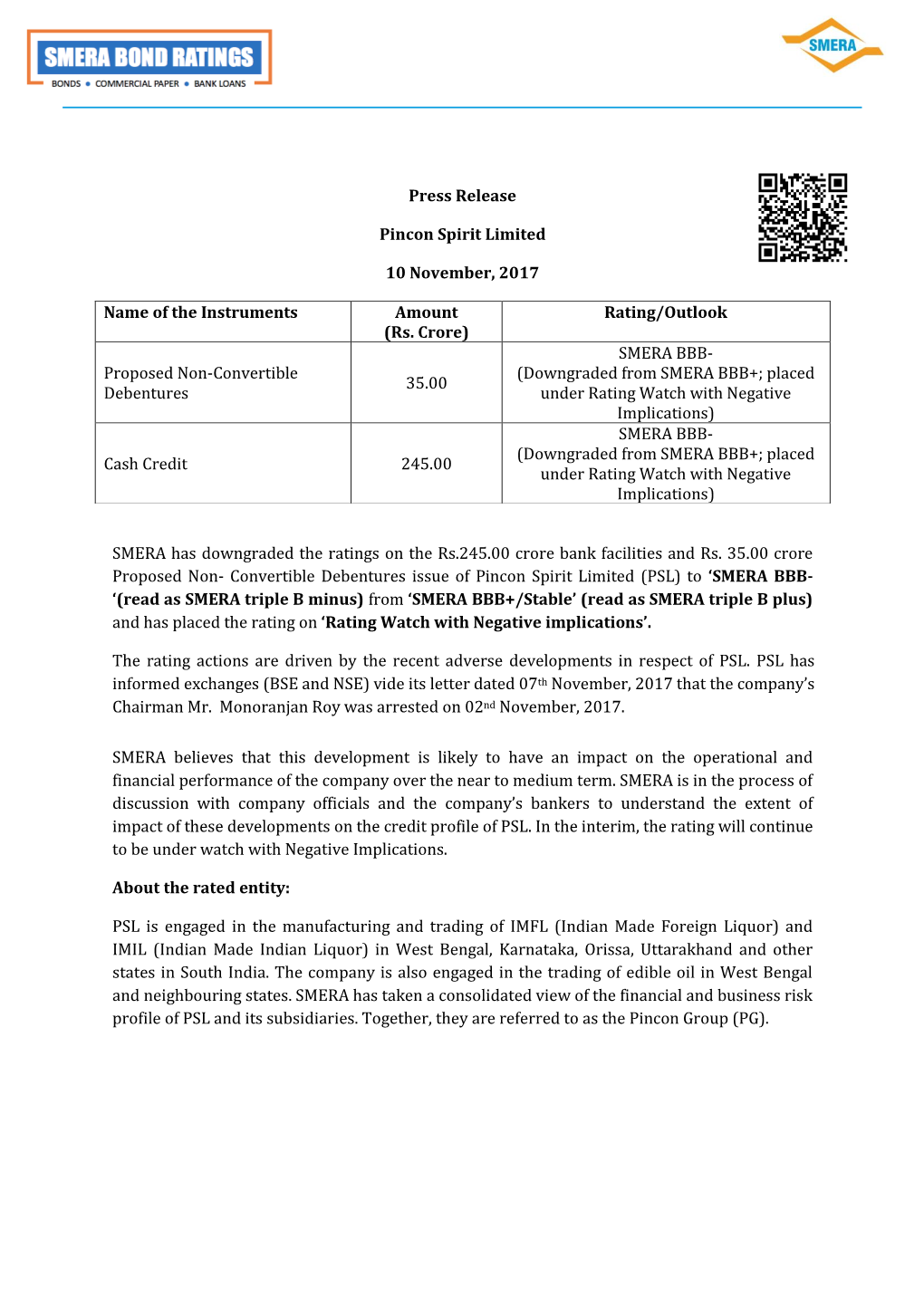 Press Release Pincon Spirit Limited 10 November, 2017 SMERA Has