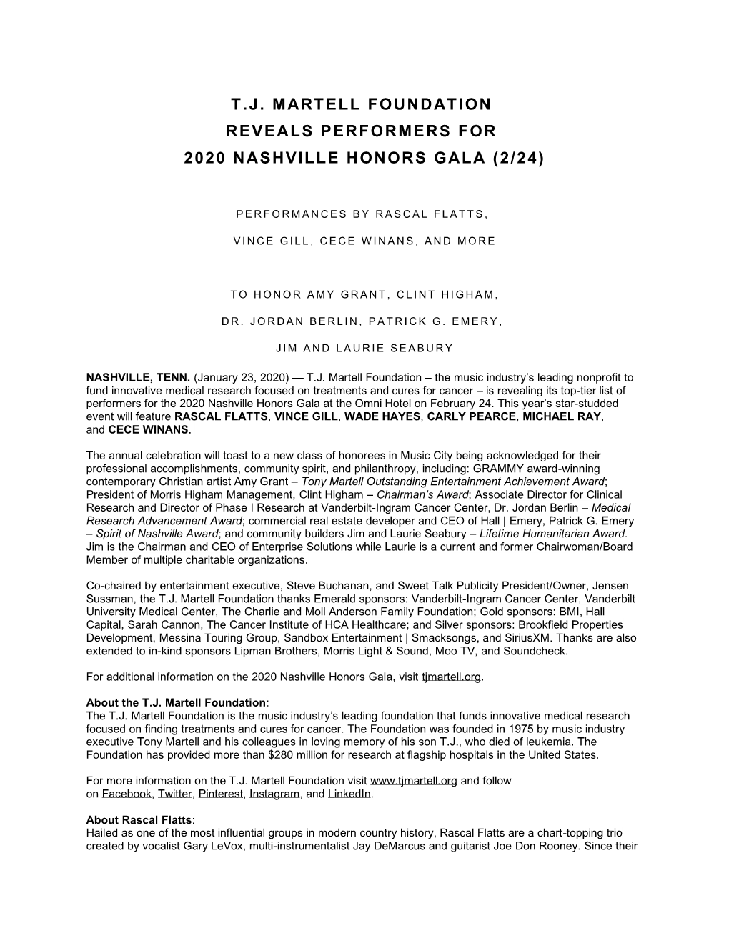 T.J. Martell Foundation Reveals Performers for 2020 Nashville Honors Gala (2/24)