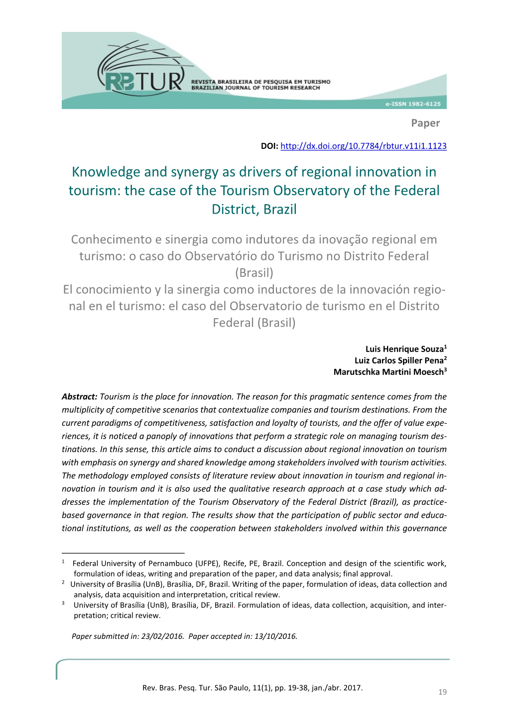 Knowledge and Synergy As Drivers of Regional Innovation in Tourism: the Case of the Tourism Observatory of the Federal District, Brazil