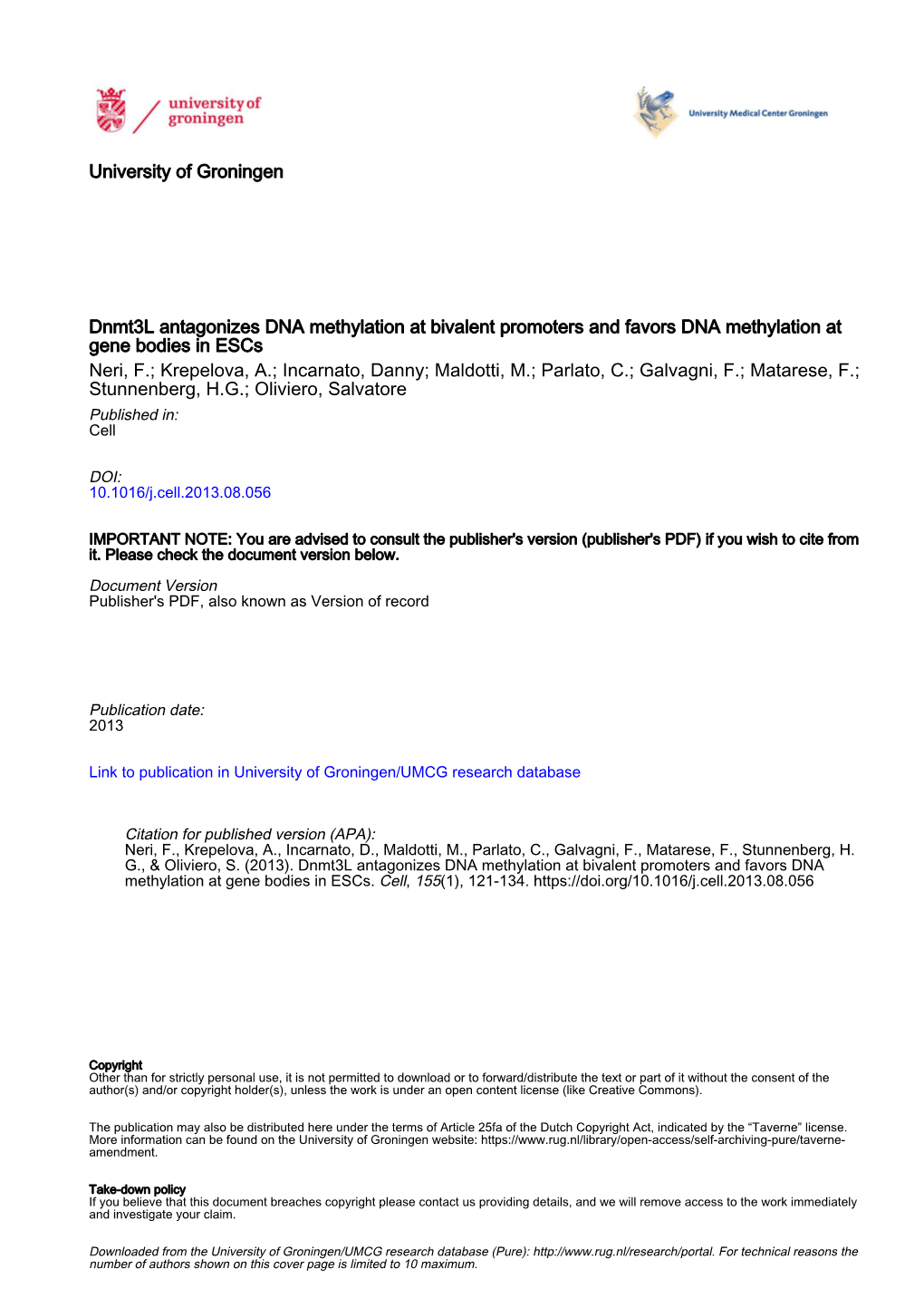 Dnmt3l Antagonizes DNA Methylationat Bivalent Promoters