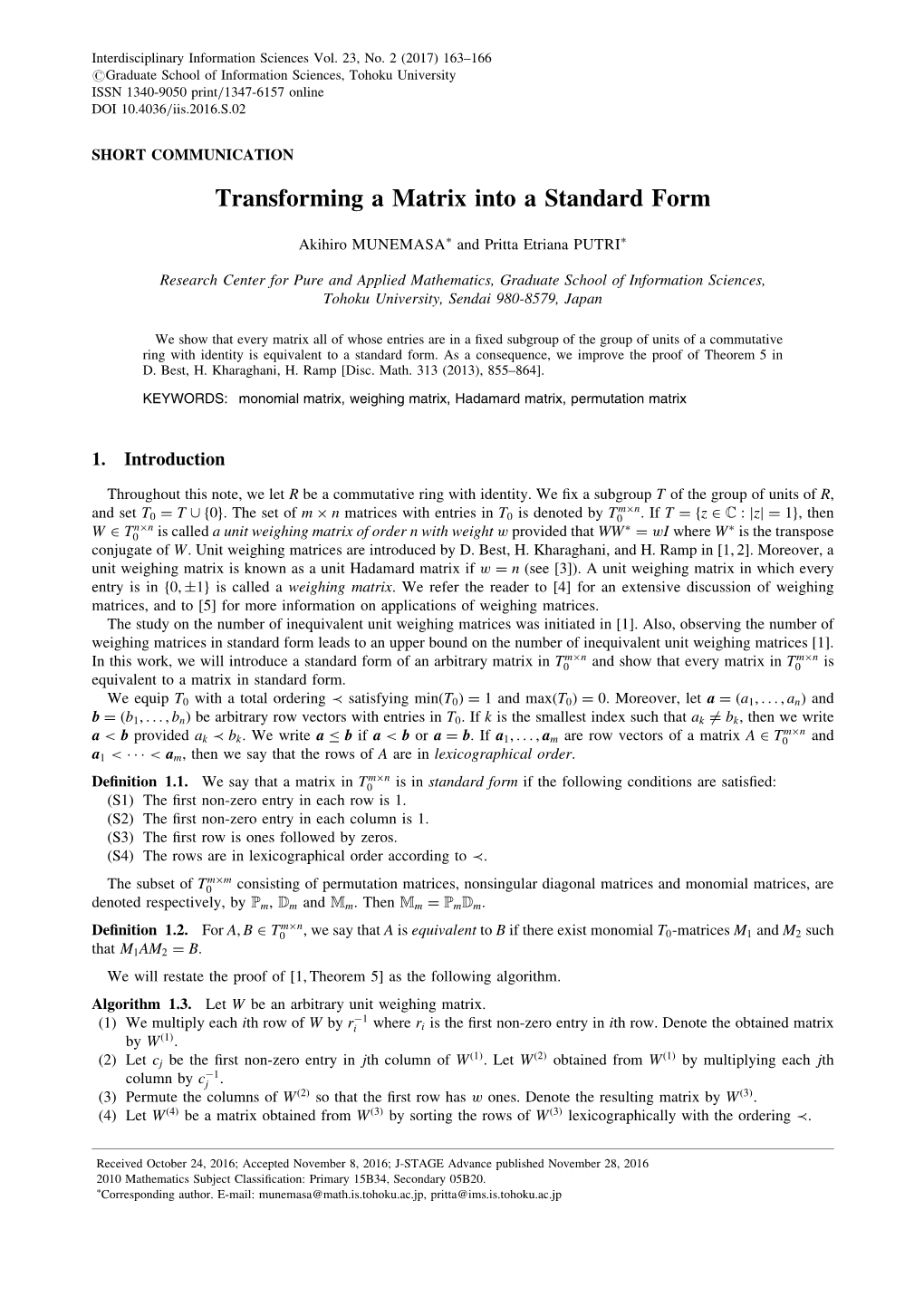 Transforming a Matrix Into a Standard Form2010 Mathematics