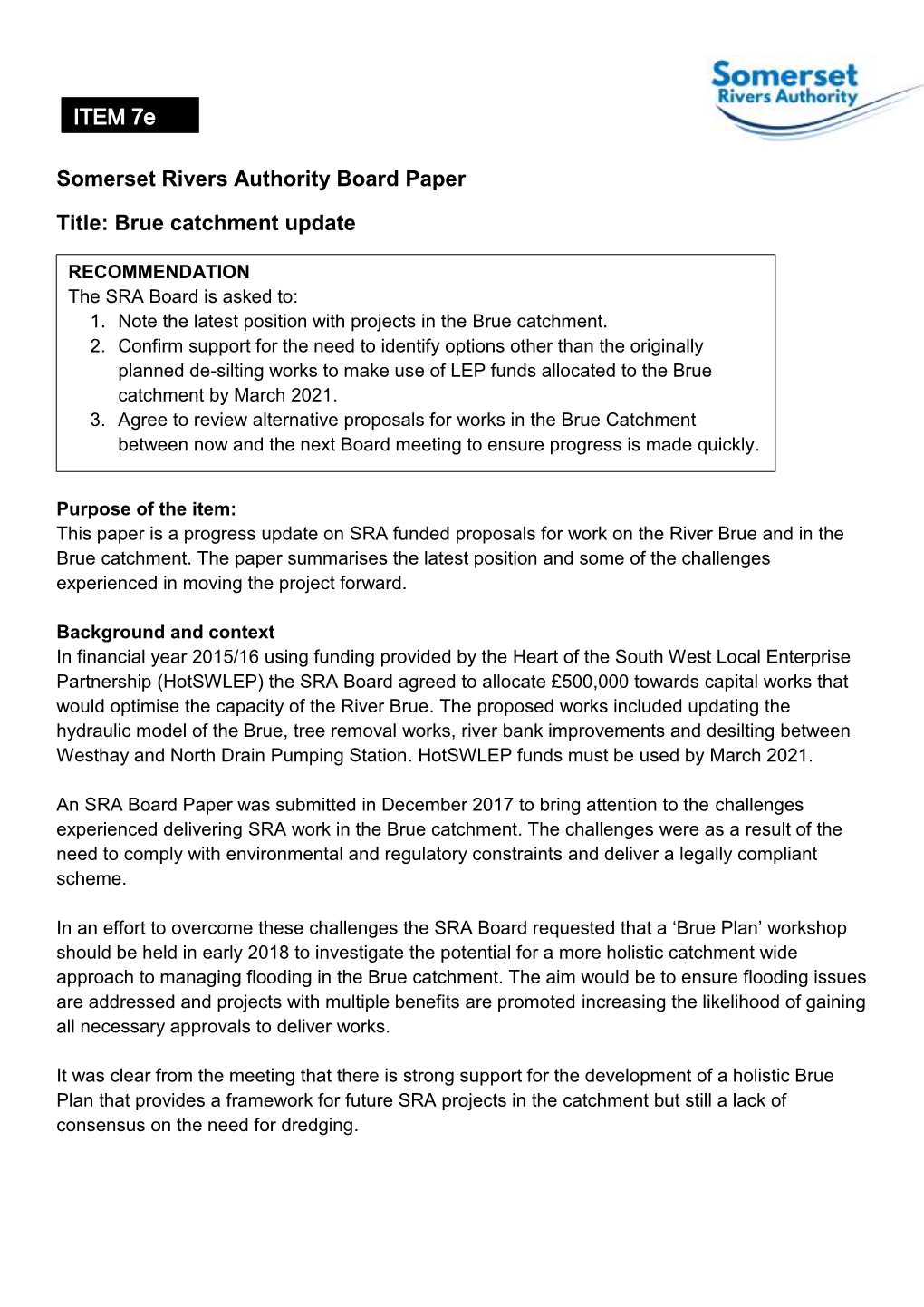 Somerset Rivers Authority Board Paper Title: Brue Catchment Update