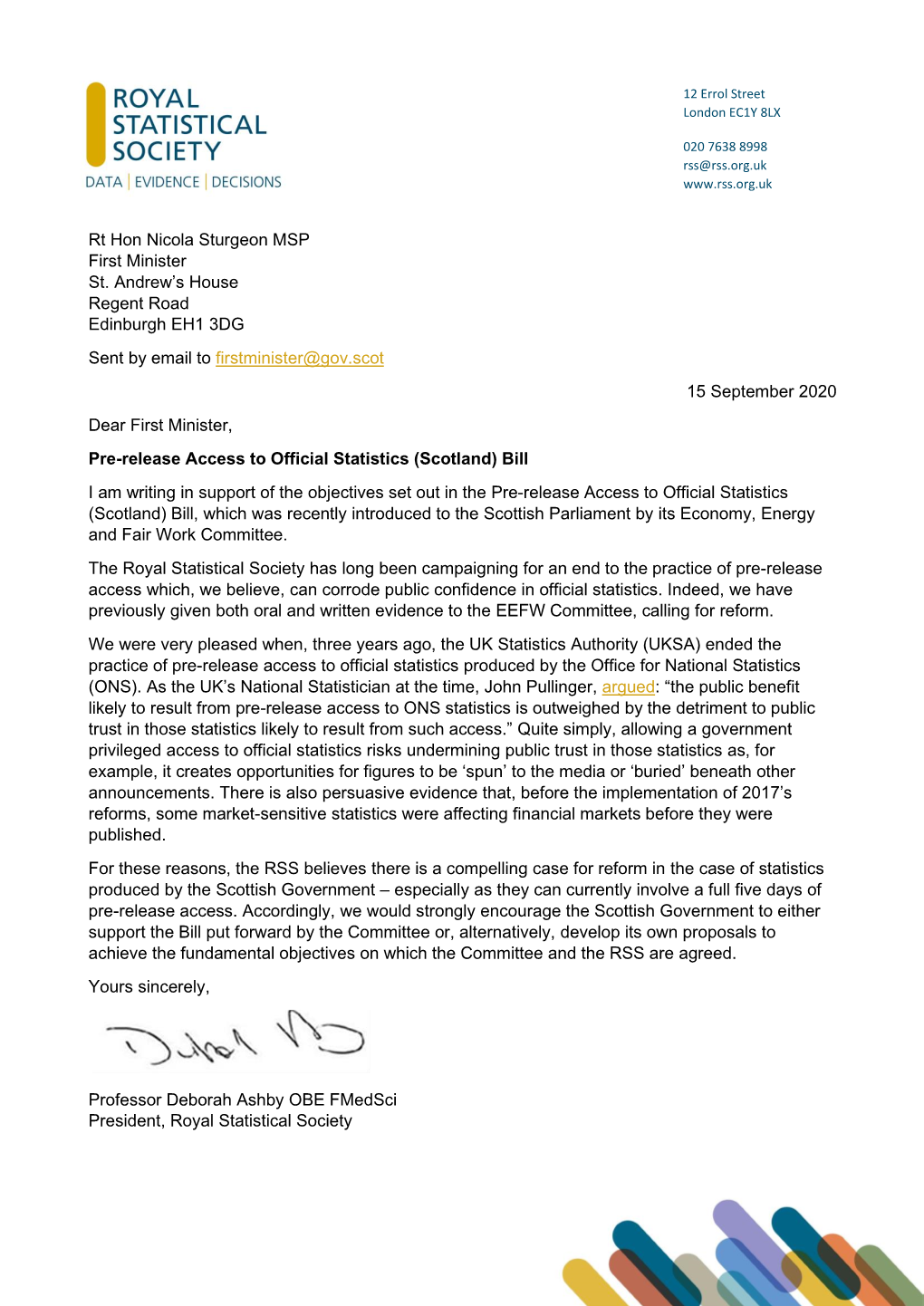 Letter from Deborah Ashby to Nicola Sturgeon