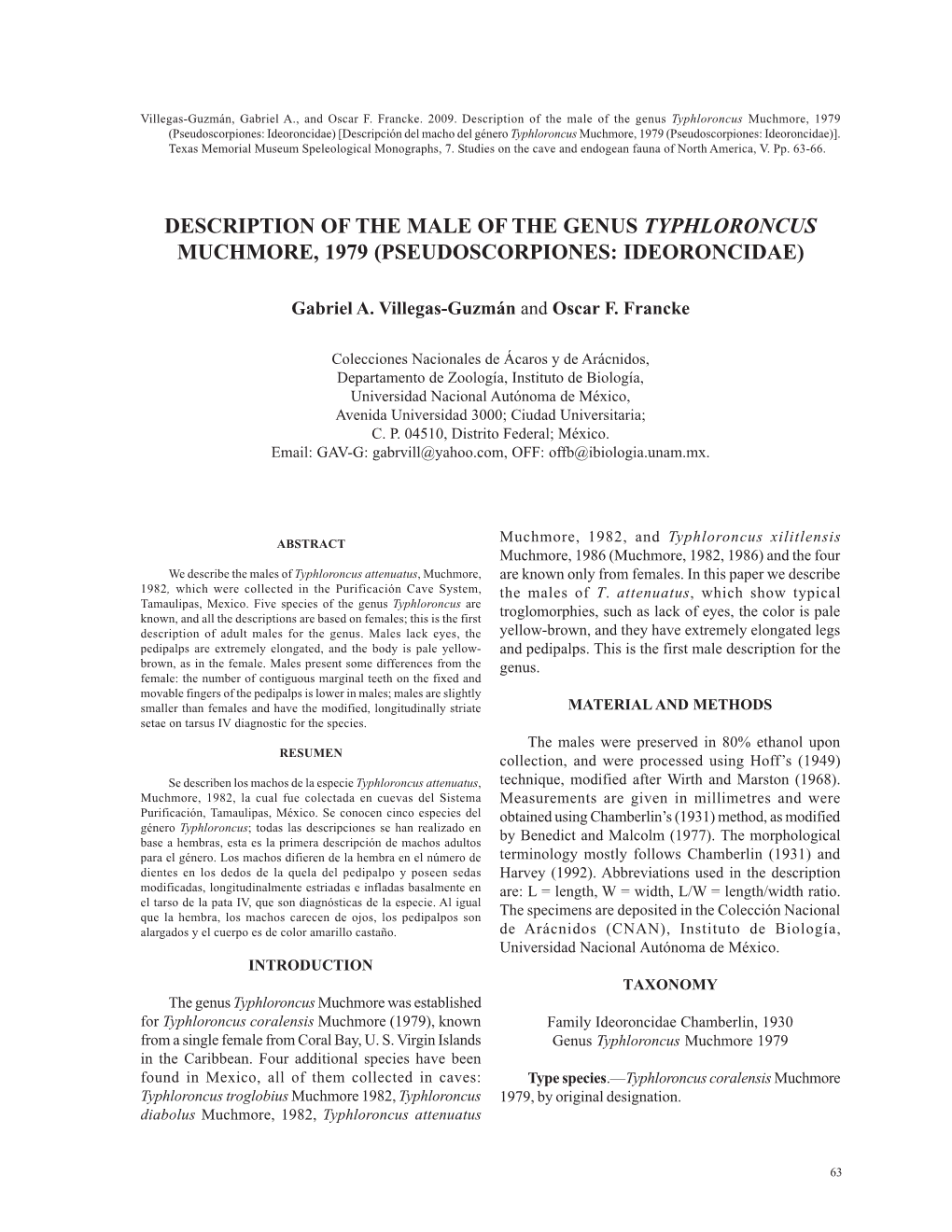 Pseudoscorpiones: Ideoroncidae) [Descripción Del Macho Del Género Typhloroncus Muchmore, 1979 (Pseudoscorpiones: Ideoroncidae)]