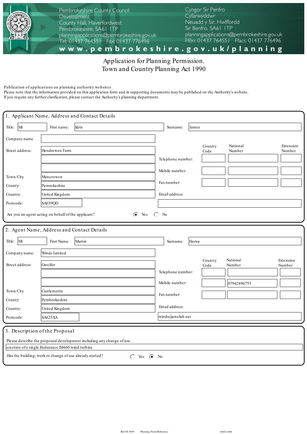 Application for Planning Permission. Town and Country Planning Act 1990