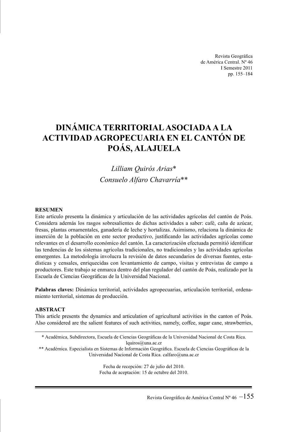 Dinámica Territorial Asociada a La Actividad Agropecuaria En El Cantón De Poás, Alajuela