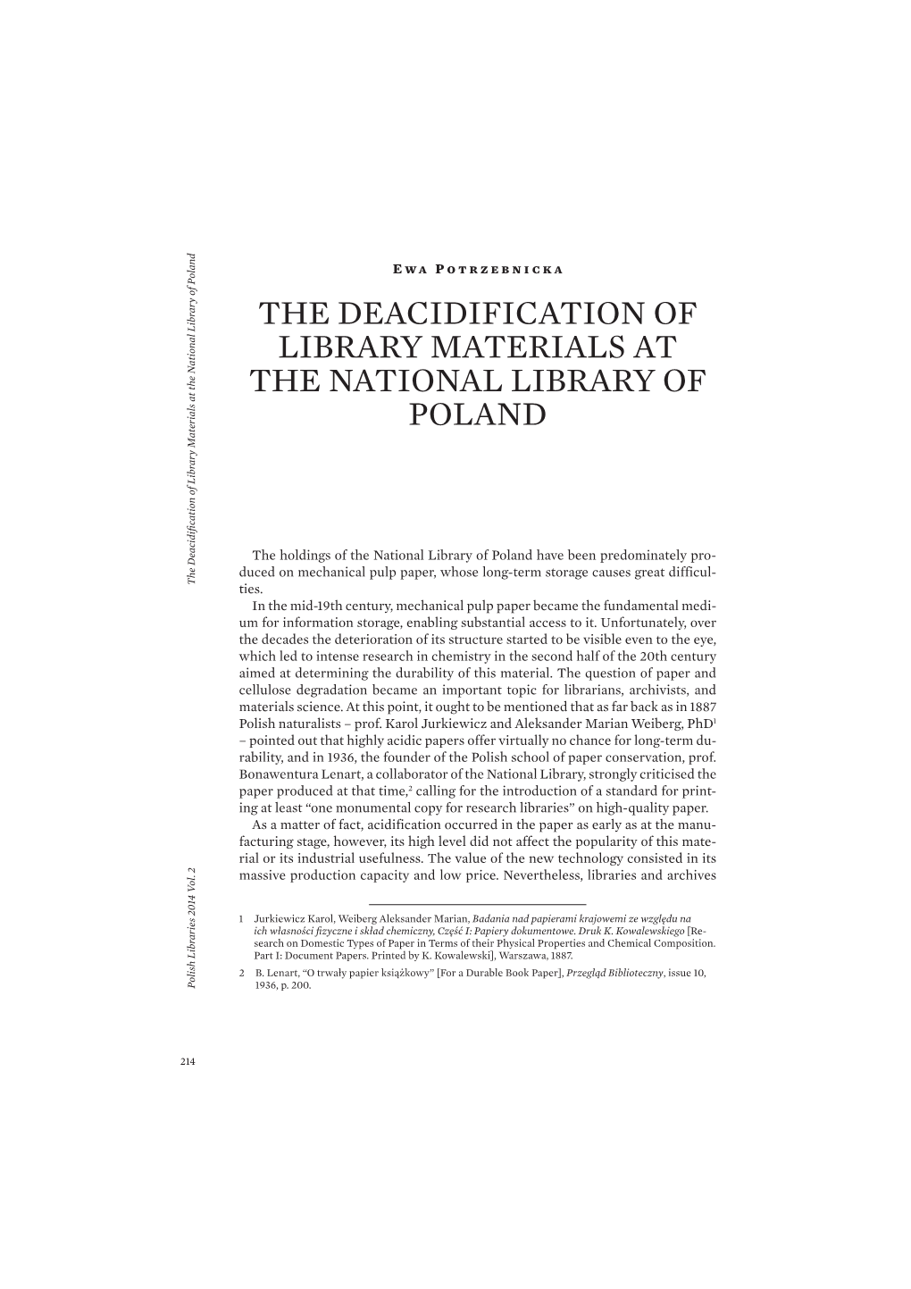 The Deacidification of Library Materials at the National Library of Poland