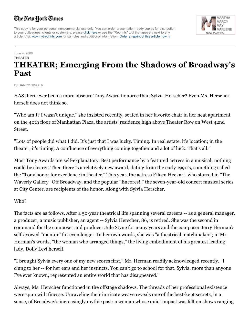 SYLVIA HERSCHER: Emerging from the Shadows of Broadway's Past