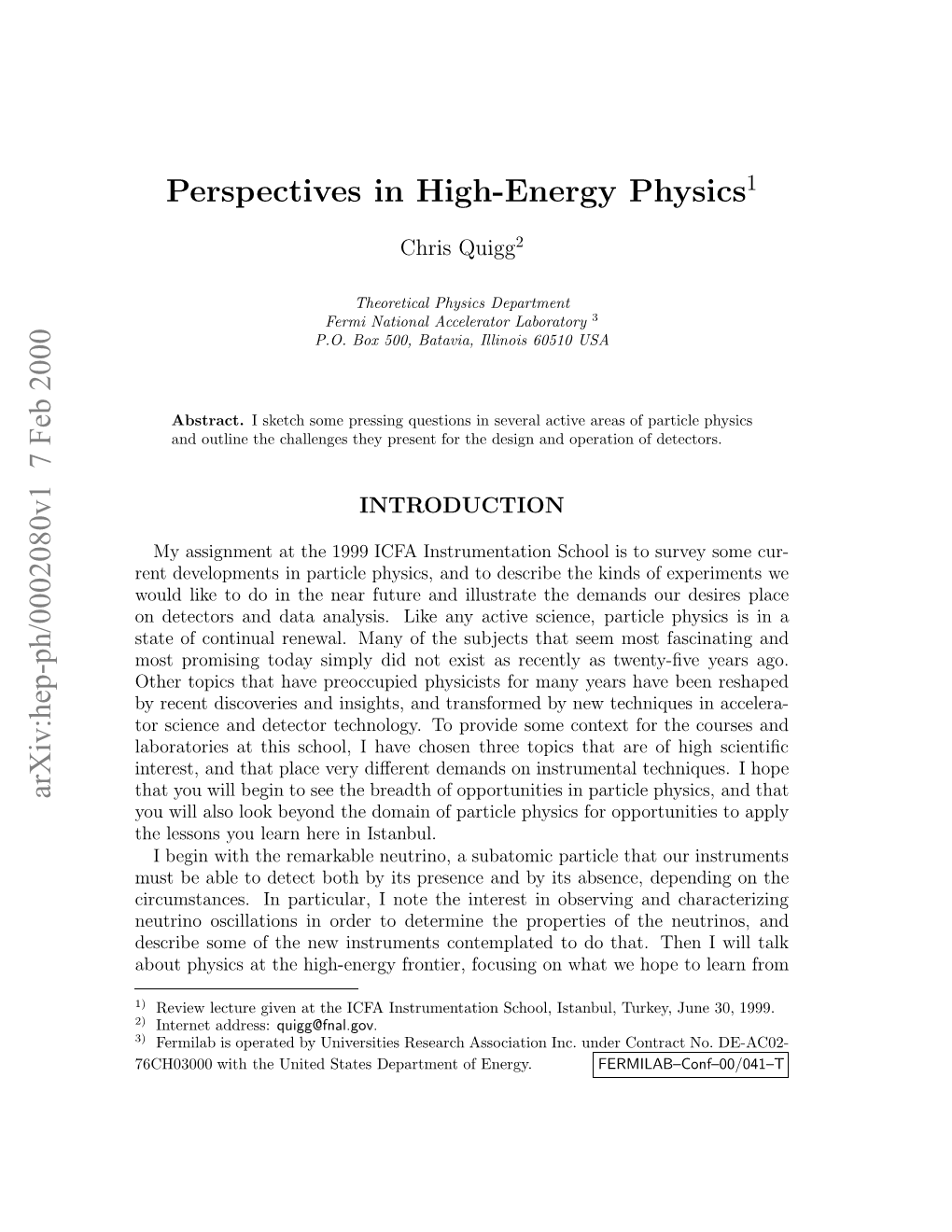 Perspectives in High-Energy Physics