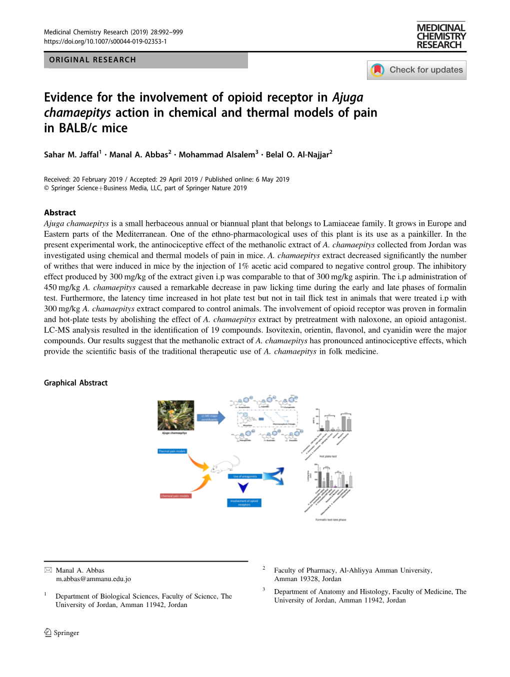 Evidence for the Involvement of Opioid Receptor in Ajuga Chamaepitys Action in Chemical and Thermal Models of Pain in BALB/C Mice