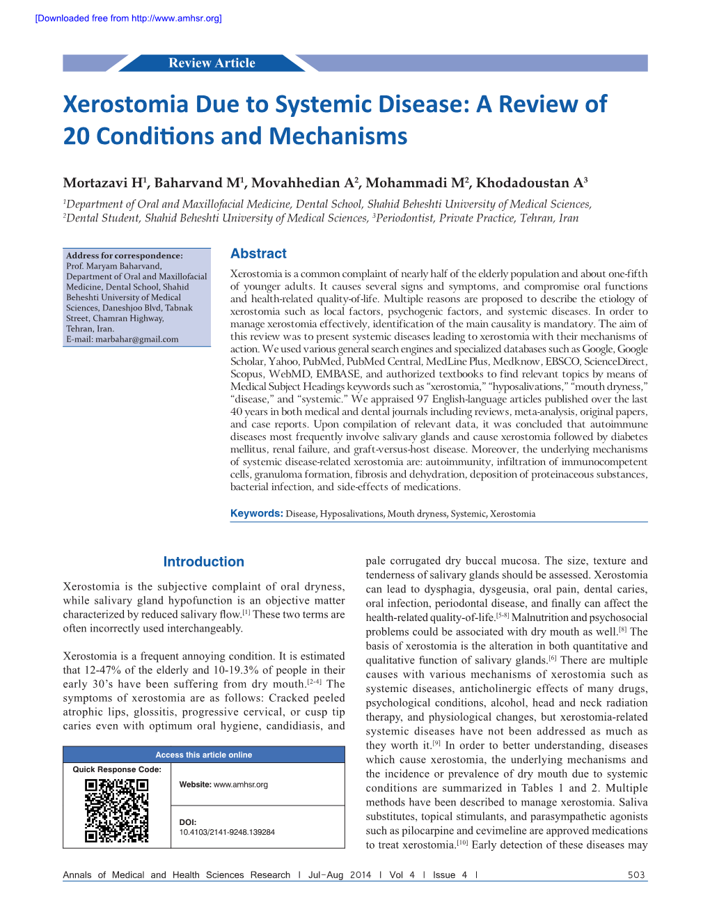 Xerostomia Due to Systemic Disease: a Review of 20 Conditions and Mechanisms